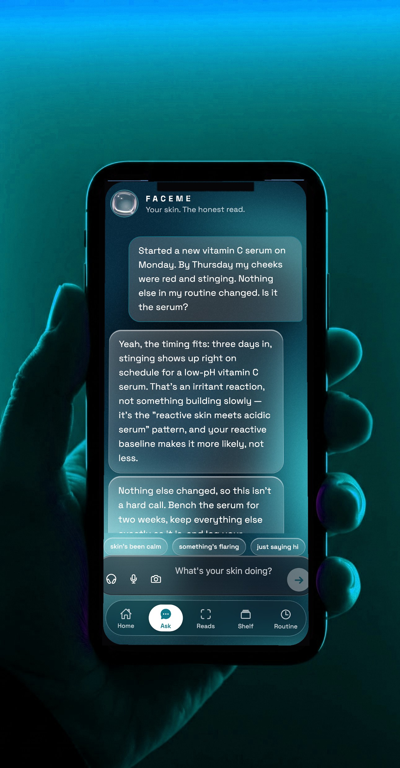 A hand holding a phone showing a FACEME conversation: the user describes stinging after a new vitamin C serum; the mentor reads the timing, calls it worth testing, and offers a two-week isolation test.